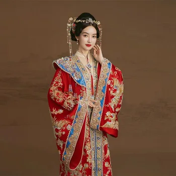 Восточное Свадебное платье Hanfu Robe Vestido В китайском стиле, Традиционный Феникс, Блестки, вышивка Бисером, Ципао