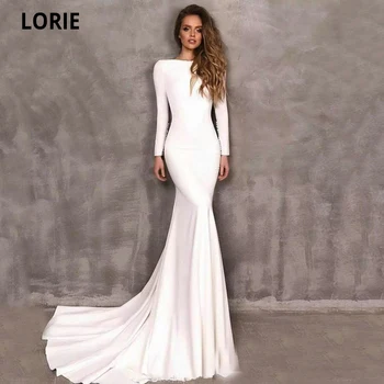 LORIE Простые Мусульманские Свадебные Платья с Длинным рукавом 2021, Белые Мягкие Атласные Платья Невесты с Открытой спиной, Свадебное Платье Принцессы Плюс Размер
