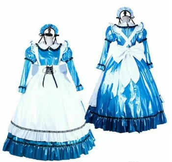 Платье Сисси с Длинным бантом, Пояс для роли Готической Лолиты, Синий костюм Горничной из ПВХ, настраиваемый