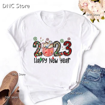 2023, Новая стильная женская футболка с принтом, С Новым годом, женская модная футболка в стиле Харадзюку, женская зимняя рубашка с круглым вырезом, топы